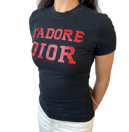Christian Dior Vintage 2003 J'ADORE Studs Logo T-shirt #S Black Red 902556