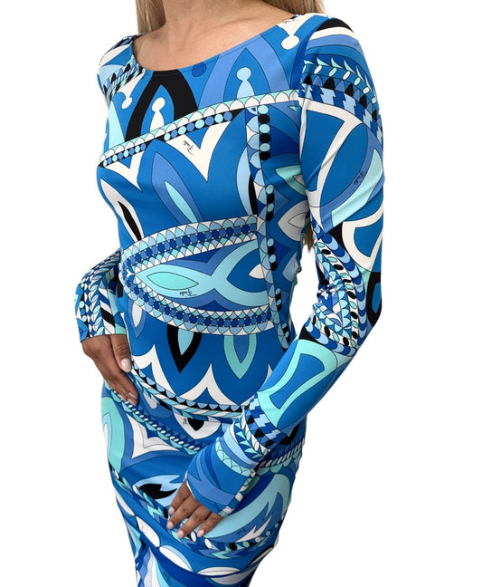 EMILIO PUCCI Vintage Abstract Print Midi Dress #34 Blue Long Sleeve 902420