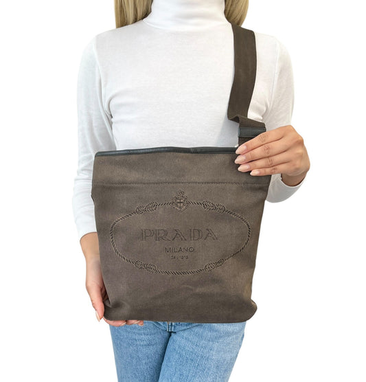 PRADA Vintage Logo Crossbody Shoulder Bag Brown Silver Cotton Leather