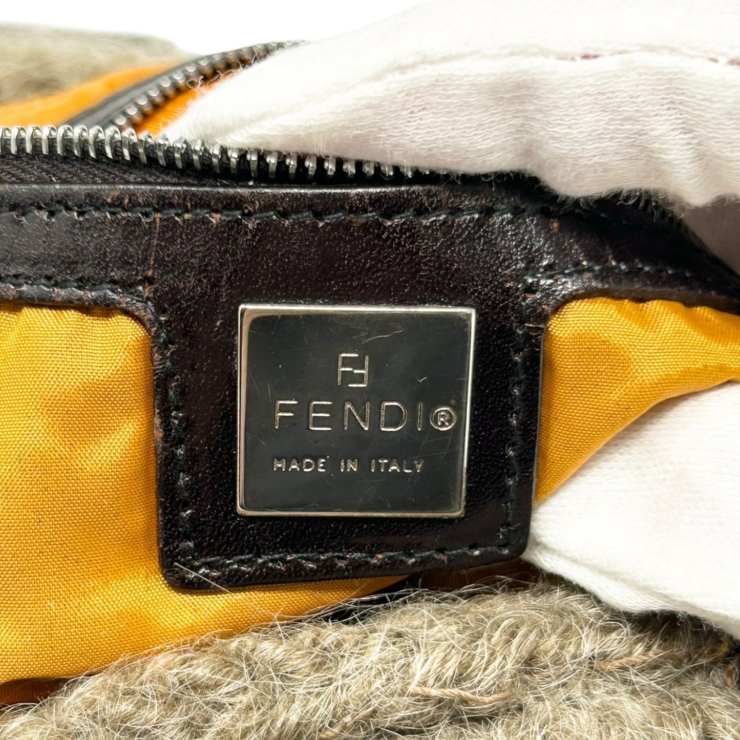 FENDI Vintage FF Knit Mamma Baguette Flower Wool Shoulder Bag Beige Brown