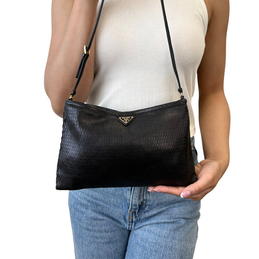PRADA Vintage Triangle Logo Mesh Mini Shoulder Bag Black Gold Leather 902572