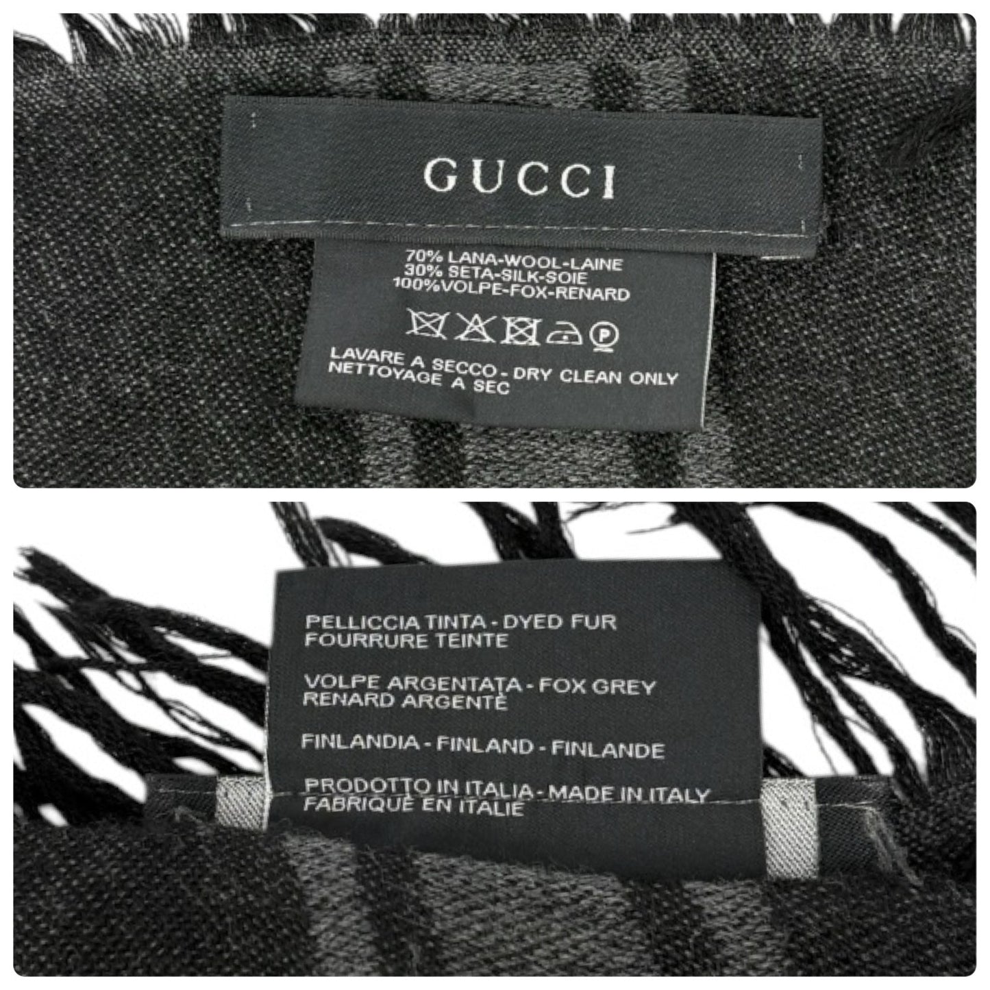 GUCCI Vintage GG Logo Monogram Fox Fur Shawl Scarf Wrap Gray Black 902584