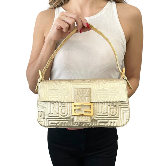FENDI Vintage FF Logo Embossed Mamma Baguette Shoulder Bag Gold Nylon 902315