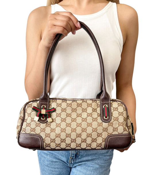 GUCCI Vintage GG Monogram Web Stripe Shoulder Bag Beige Canvas Ribbon 902051