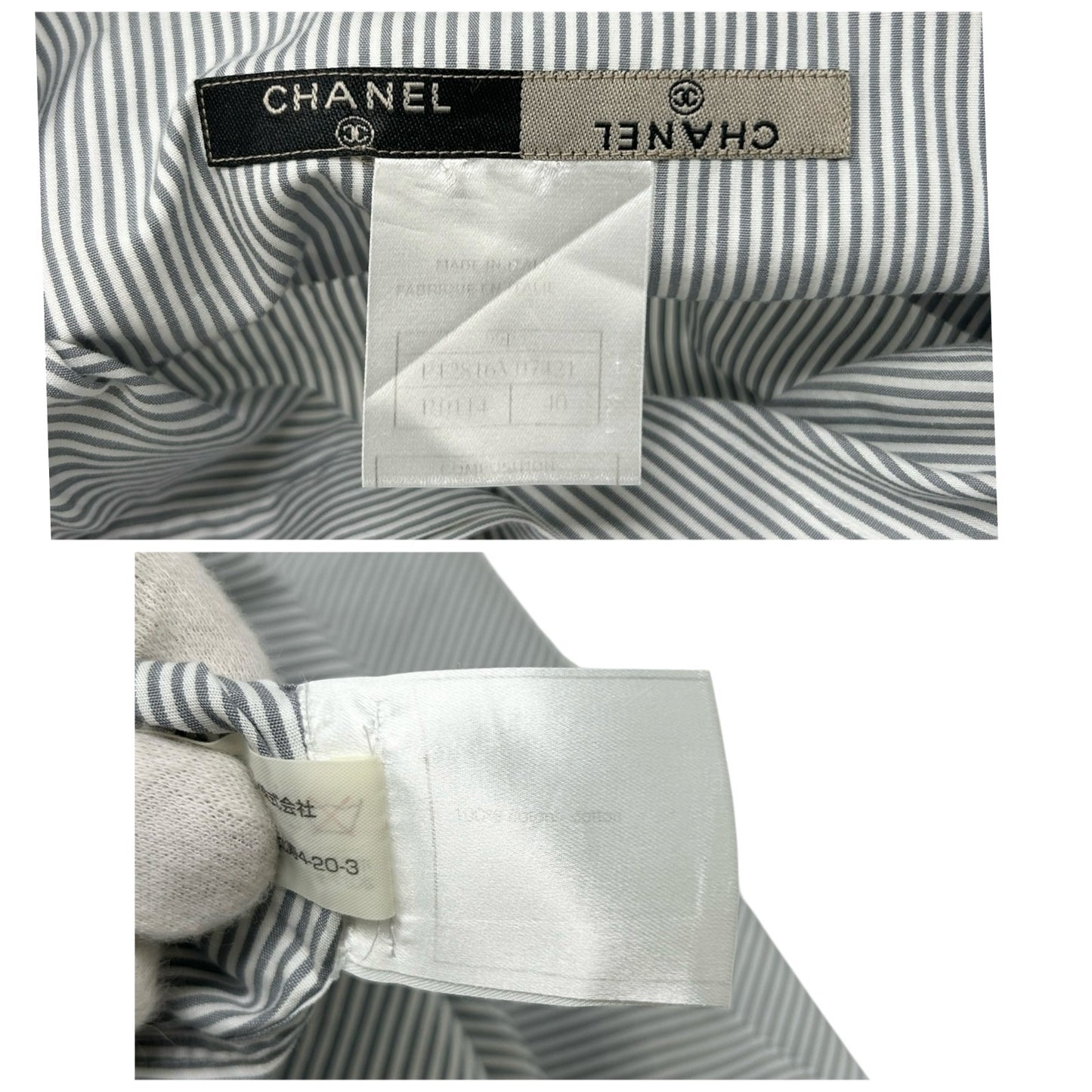 CHANEL Vintage 99P CC Logo Short Sleeve Shirt #40 Stripe Blouse Top Gray Pocket