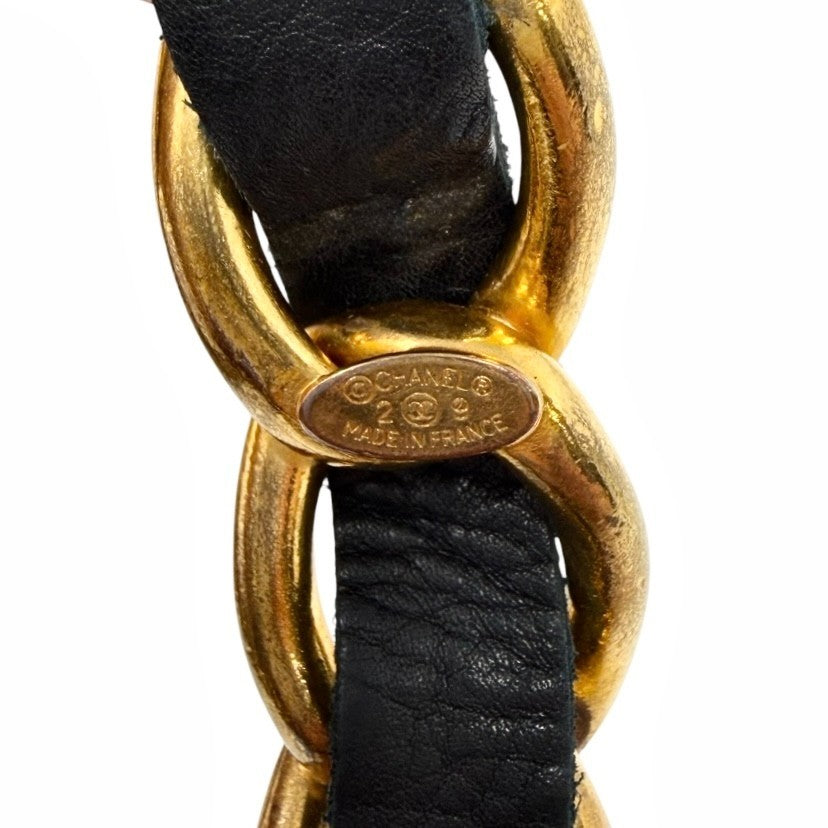 CHANEL Vintage CC Mark Logo Chain Belt Accessory Gold Black Leather Metal 902003