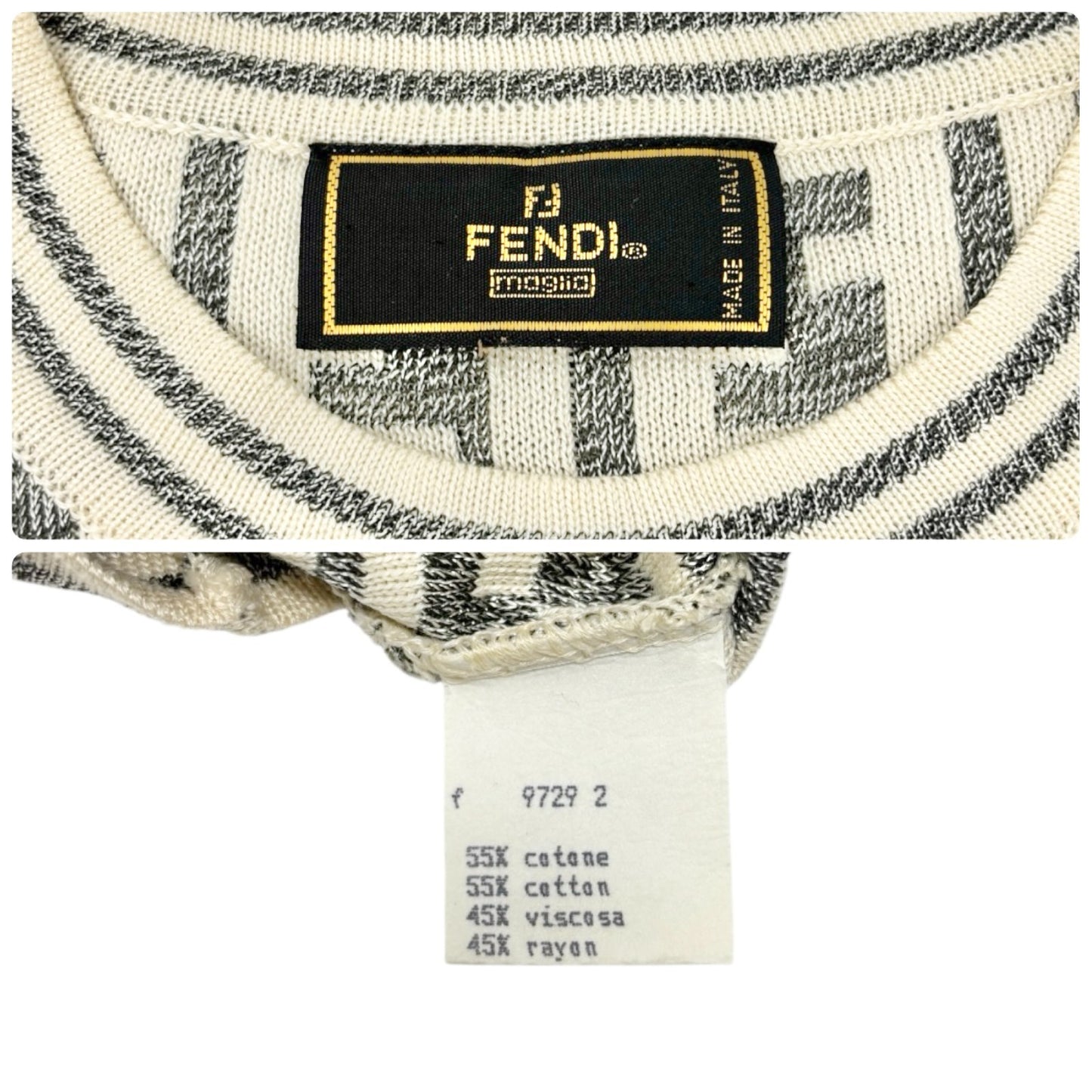 FENDI Vintage Zucca Monogram Short Sleeve Sweater Knit Top Cotton Gray Cream