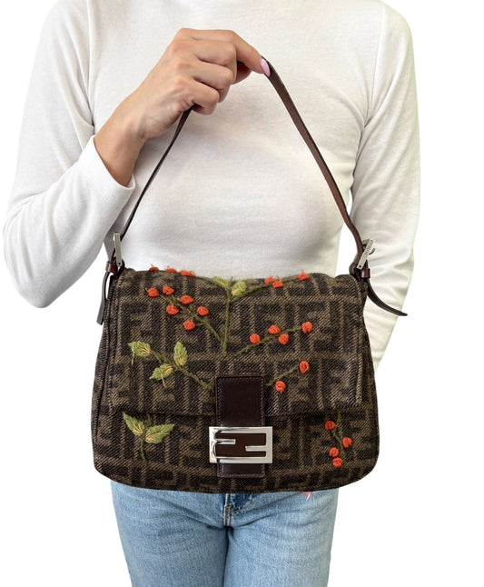 FENDI Vintage FF Mamma Baguette Wool Knit Shoulder Bag Brown Flower