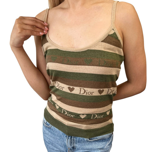Christian Dior Vintage Stripe Heart Knit Camisole Top #38 Khaki Brown 902085