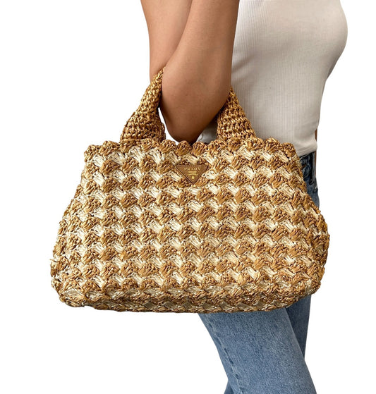 PRADA Vintage Triangle Logo Raffia Canapa Tote Bag Beige Cream Crochet 902066