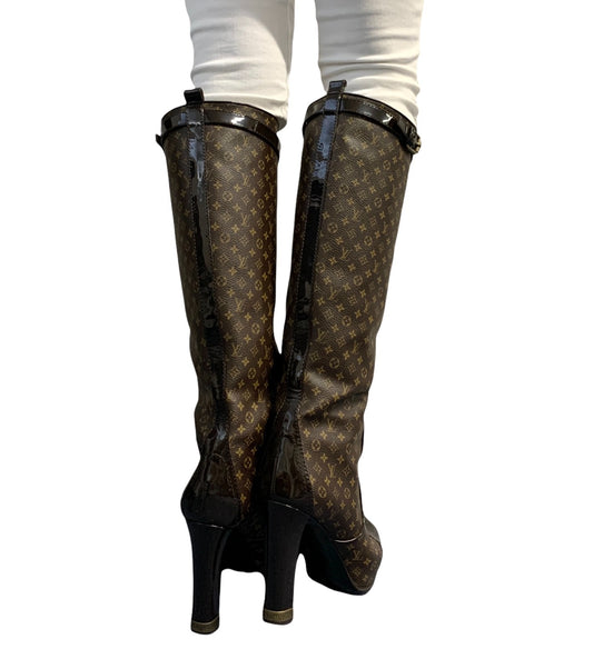 LOUIS VUITTON Vintage LV Monogram Long Boots #37-37.5 Heels Brown Black 902463