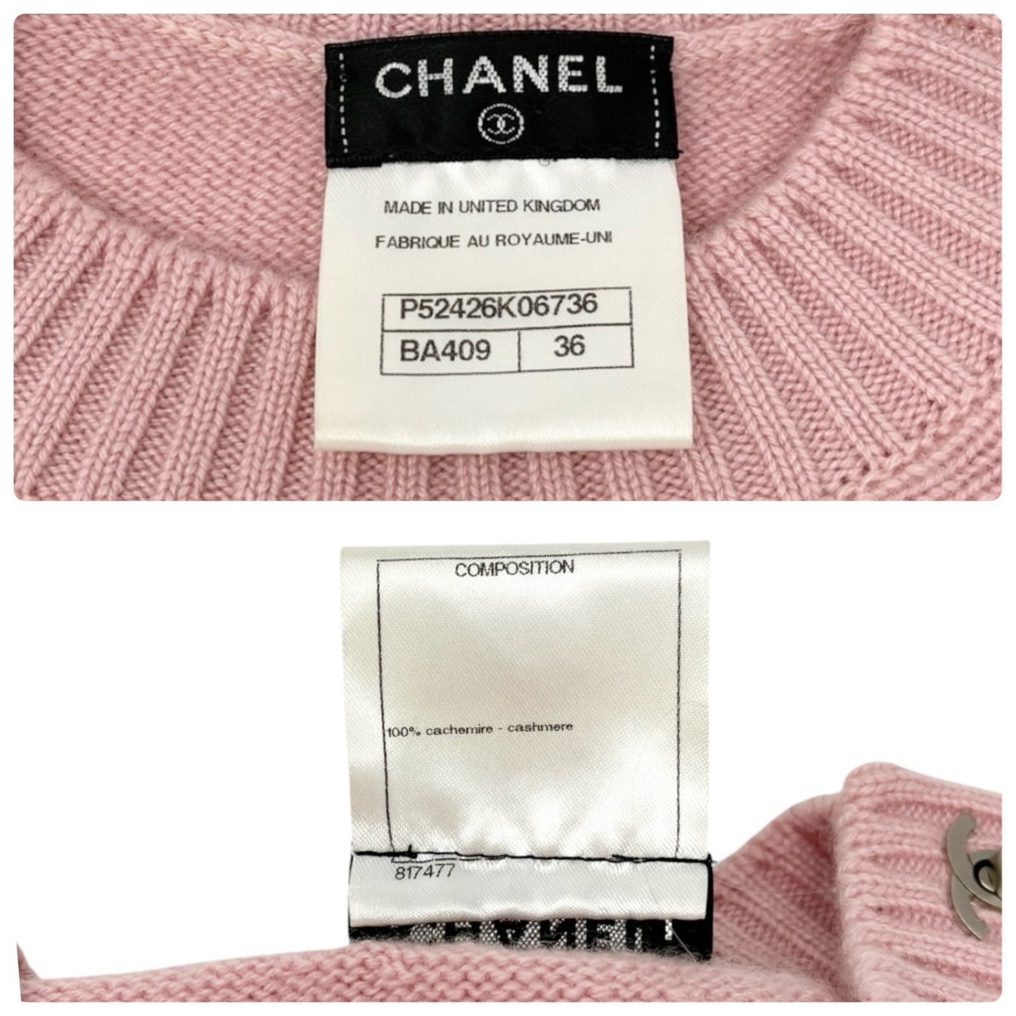 CHANEL Vintage CC Logo Turnlock Cashmere Ribbed Sweater Top #36 Pink 902225