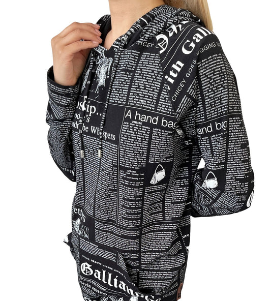 John Galliano Vintage Newspaper Print Hoodie Top Pants Set #XS Black 902549