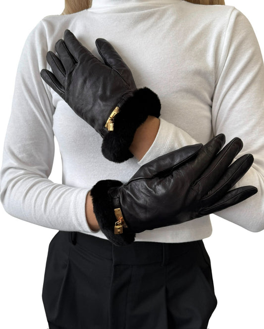 HERMES Vintage Kelly Padlock Cadena Fur Trim Leather Gloves #7.5 Black 902001