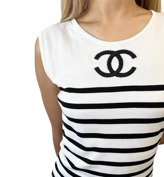 CHANEL Vintage 1994 CC Logo Striped Sleeveless Top #40 Tank White Black Cotton
