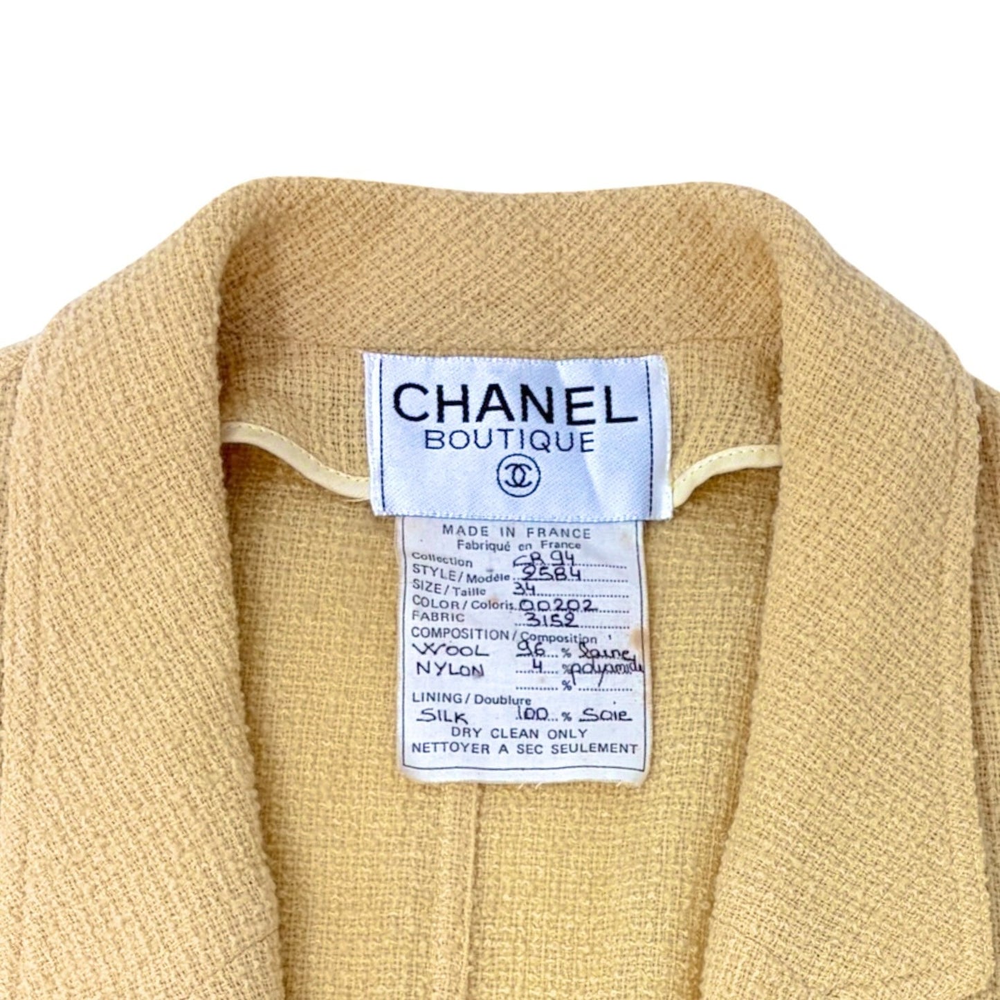CHANEL Vintage 1994 CC Logo Tweed Collared Jacket #34 Yellow Gold Button Wool