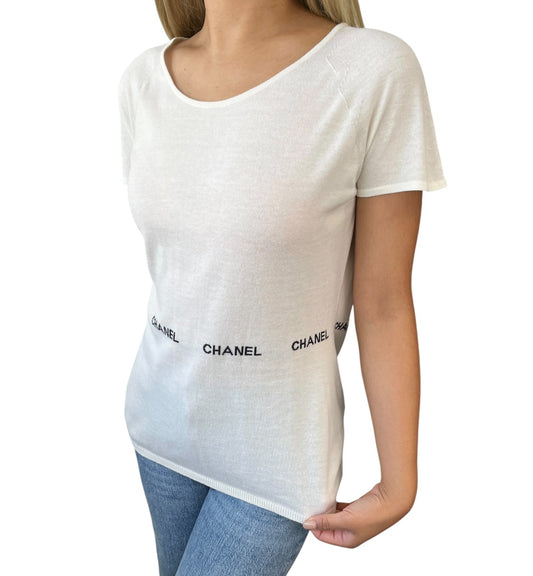 CHANEL Vintage 04P CC Logo T-Shirt Top #40 Short Sleeve White Black Cotton