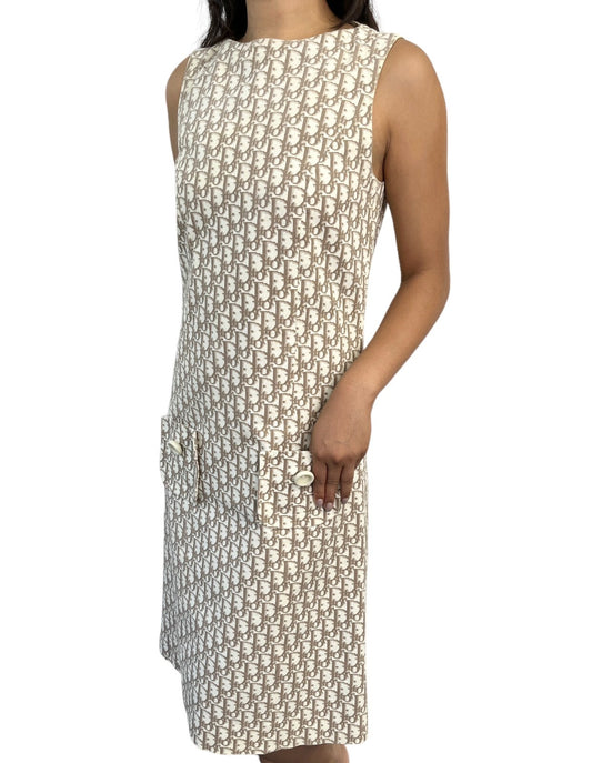 Christian Dior Vintage Trotter Monogram Dress #40 One-piece Beige White Cotton
