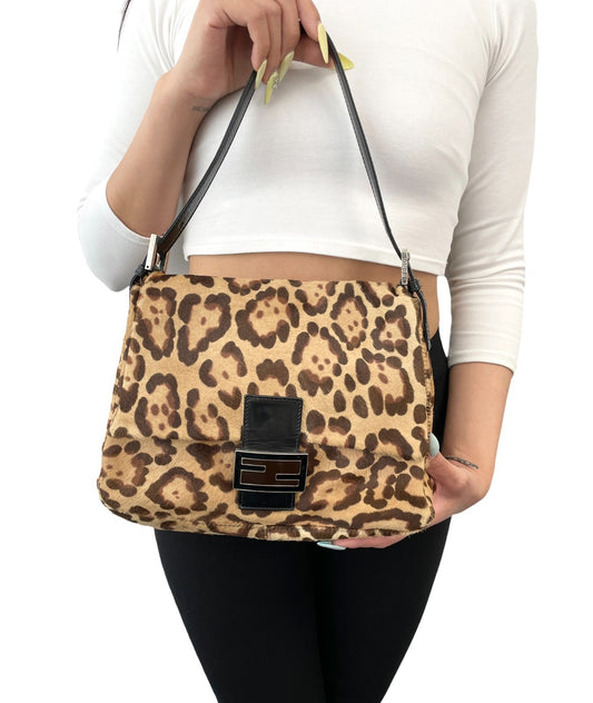 FENDI Vintage FF Leopard Mamma Baguette Pony Calf Hair Bag Beige Brown 902819