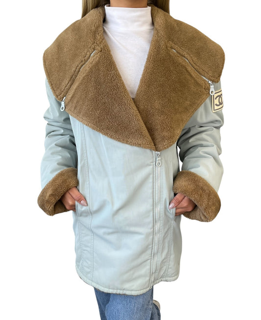 CHANEL Sport Vintage 01A CC Logo Ski Wear Jacket #36 Blue Brown Cotton Fur Zip