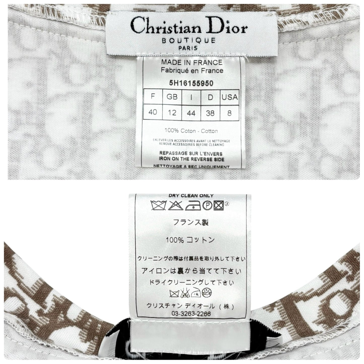 Christian Dior Vintage 2005 Trotter Monogram V-neck T-shirt Top Cream Ribbon