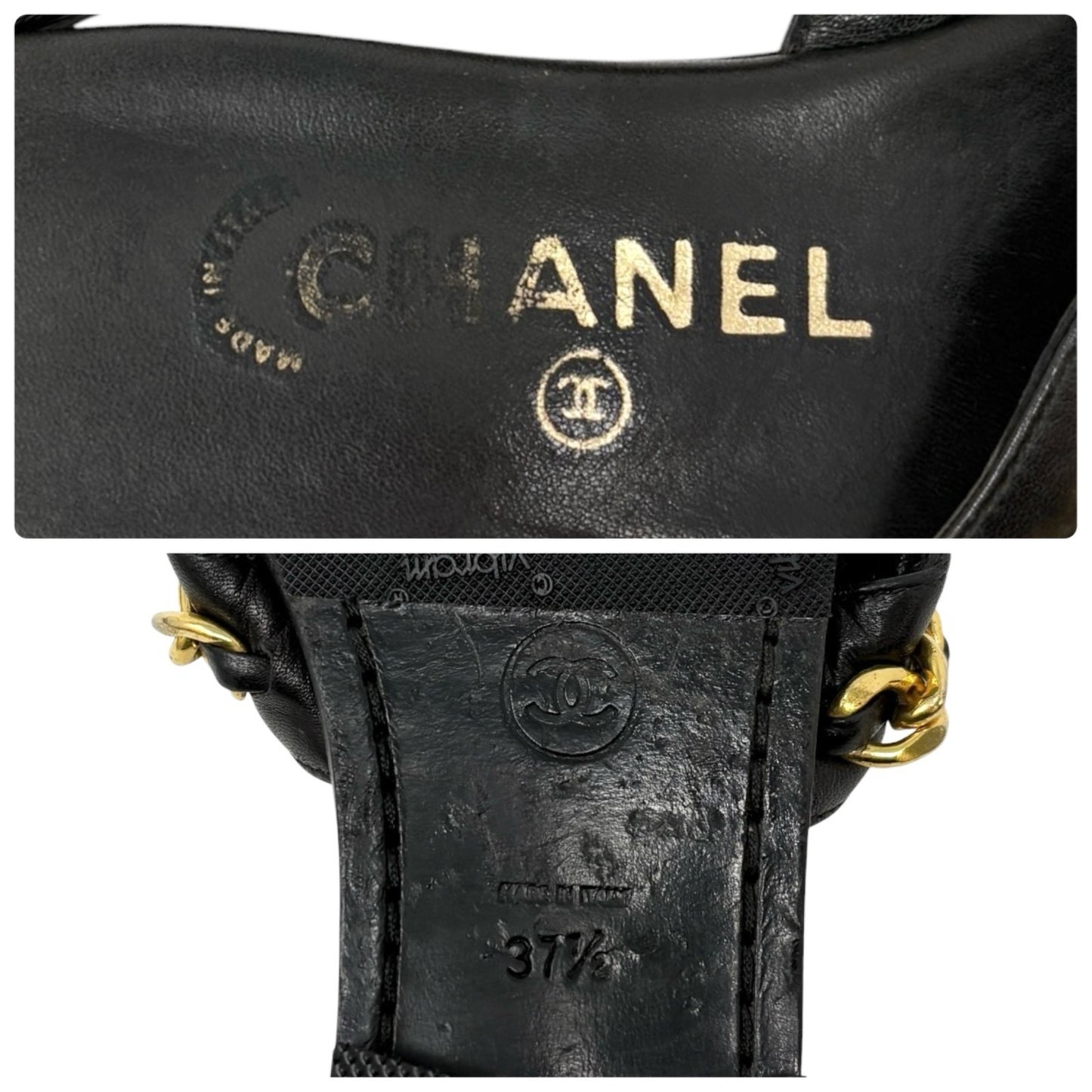 CHANEL Vintage Turnlock CC Logo Chain Sandals #37-37.5 Black Gold Leather 901814