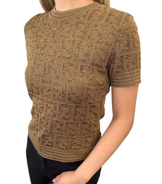 FENDI Vintage Zucca Monogram Logo Knit Top Short Sleeve Sweater Brown Cotton
