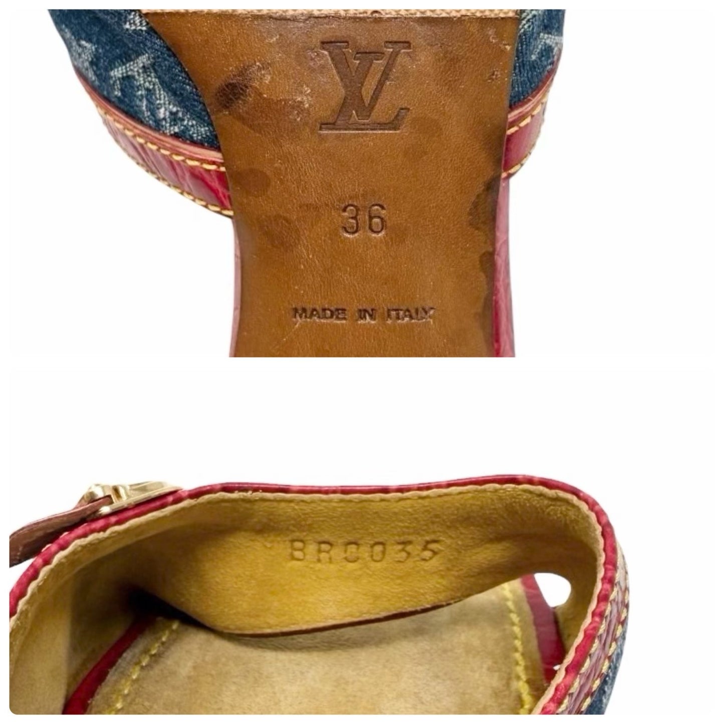LOUIS VUITTON Vintage Monogram Denim Sandals Heels #36 Blue Red Beige 902029
