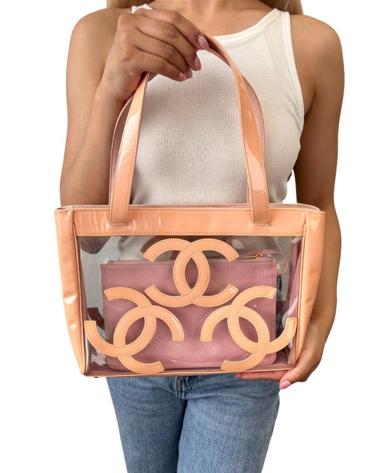 CHANEL Vintage Triple CC Logo Clear Tote Shoulder Bag Pink Beige Pouch 902078