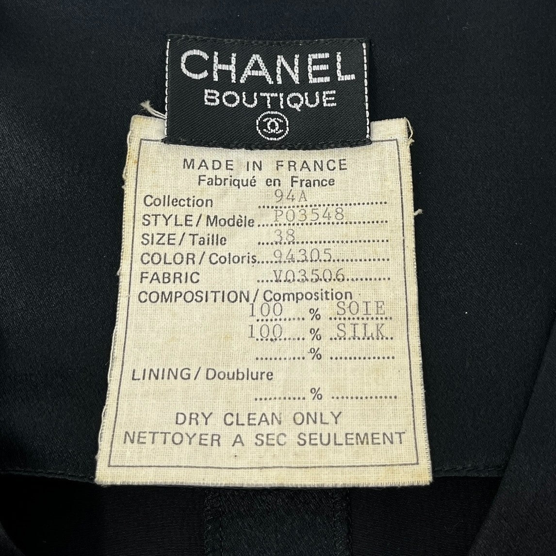 CHANEL Vintage 94A CC Logo Silk Shirt Top #38 Blouse Button V-neck Black Gold
