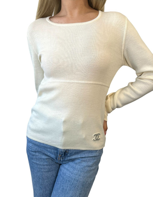 CHANEL Vintage 01A CC Mark Logo Knit Sweater #42 Long Sleeve Top Cream Wool