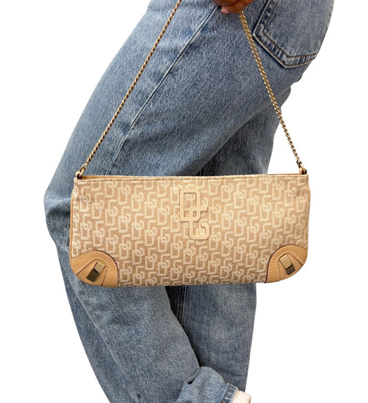 DOLCE&GABBANA Vintage DG Logo Chain Shoulder Bag Beige Gold Canvas 902060