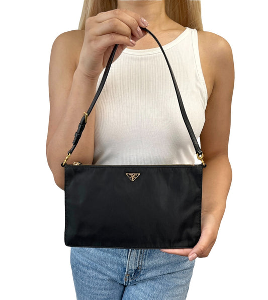 PRADA Vintage Triangle Logo Tessuto Nylon Mini Shoulder Bag Black Gold Leather