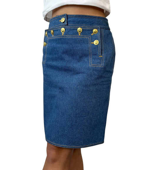 CHANEL Vintage P03207 CC Mark Logo Denim Skirt #36 Blue Gold Cotton Button