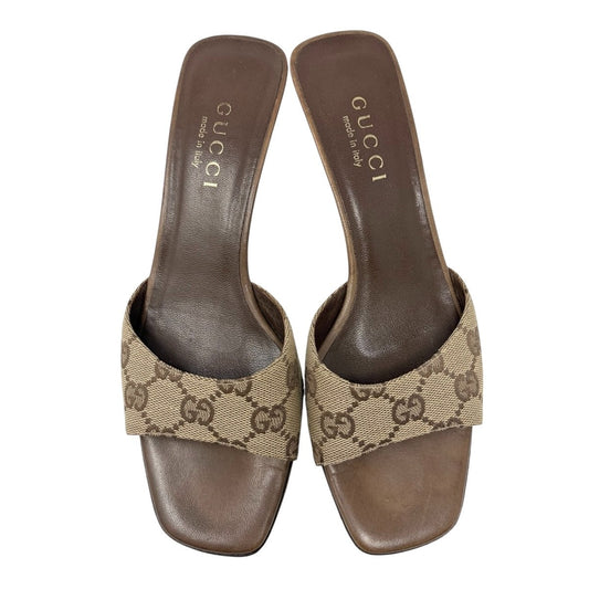 GUCCI Vintage GG Monogram Mules Sandals Heels #36.5 Beige Brown Canvas 902564