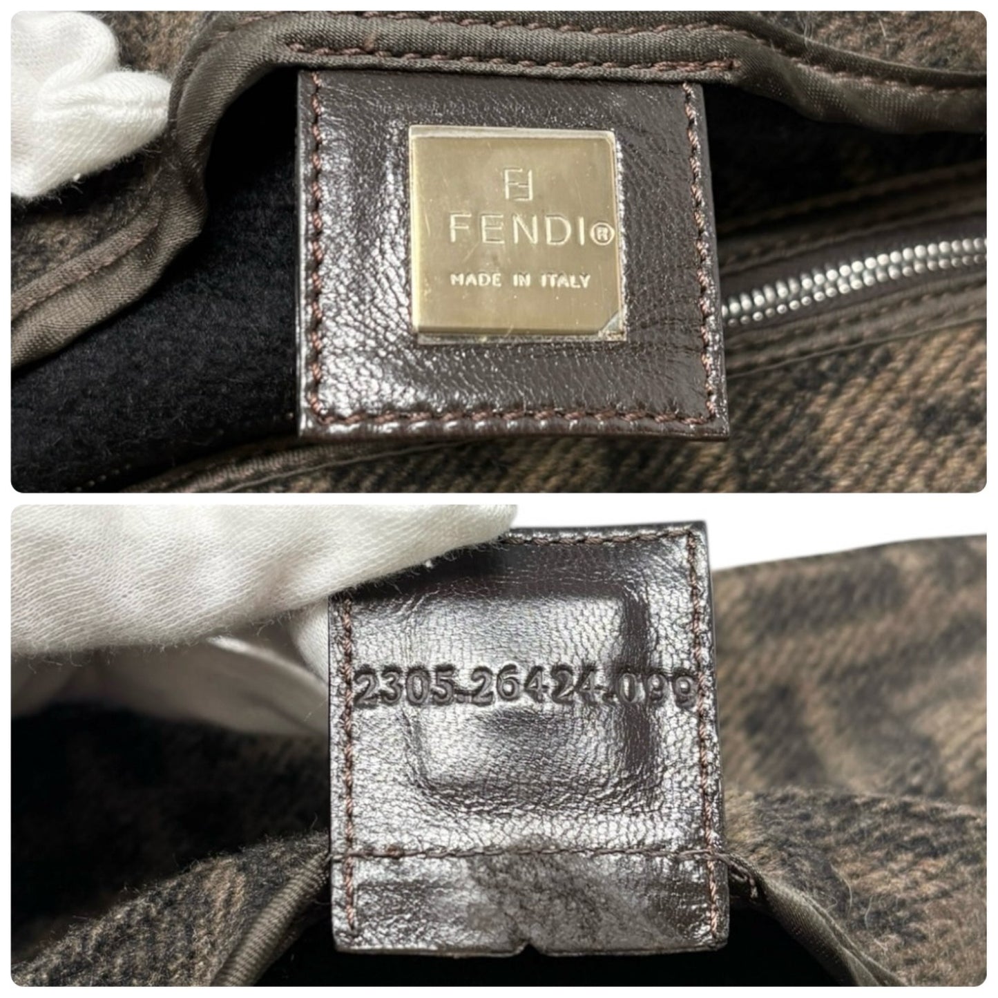 FENDI Vintage FF Logo Mamma Baguette Shoulder Bag Brown Silver Wool Knit 902212