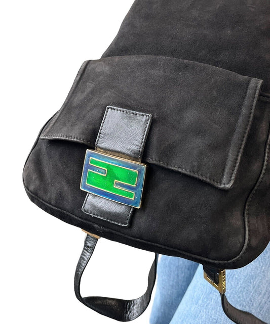 FENDI Vintage FF Logo Backpack Zip Black Green Suede Leather Front Pocket