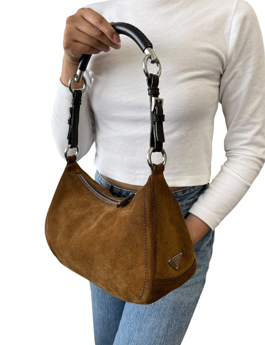 PRADA Triangle Logo Shoulder Hobo Suede Bag Brown Silver Leather Zip 902299