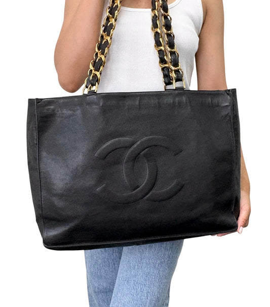 CHANEL Vintage Big CC Logo Chain Tote Shoulder Bag Black Gold Leather 902803