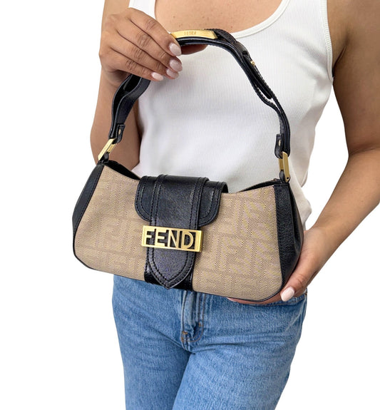 FENDI Vintage FF Logo Zucca Monogram Shoulder Bag Beige Black Canvas 902308