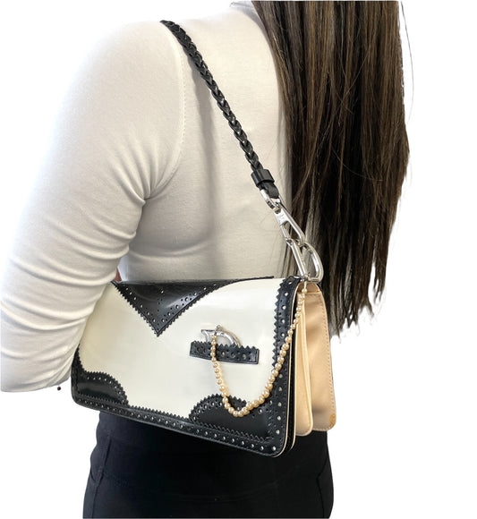 Christian Dior Vintage D'trick Pearl Bag White Black Leather Patent 902023