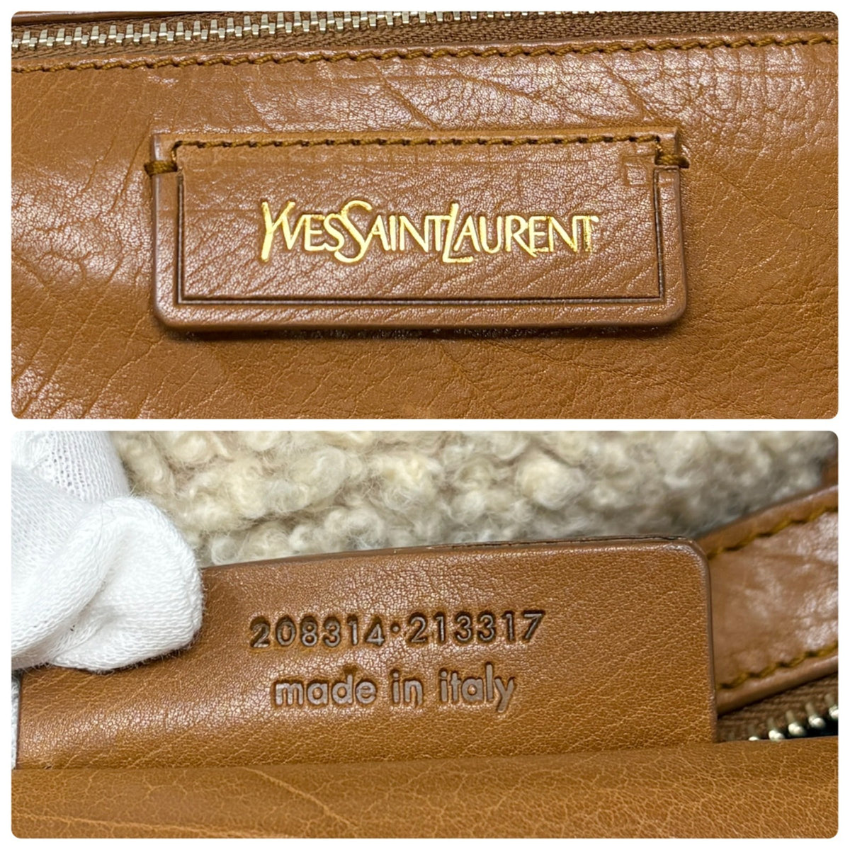 Yves Saint Laurent Vintage YSL Logo Boa Boston Bag Brown Cream Suede 902808