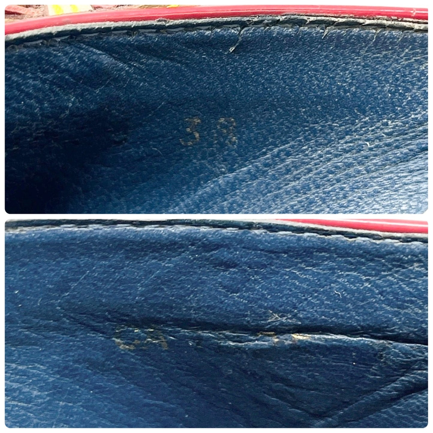LOUIS VUITTON Vintage Monogram Denim Wedge Sole Sandals #38 Ribbon Blue Beige
