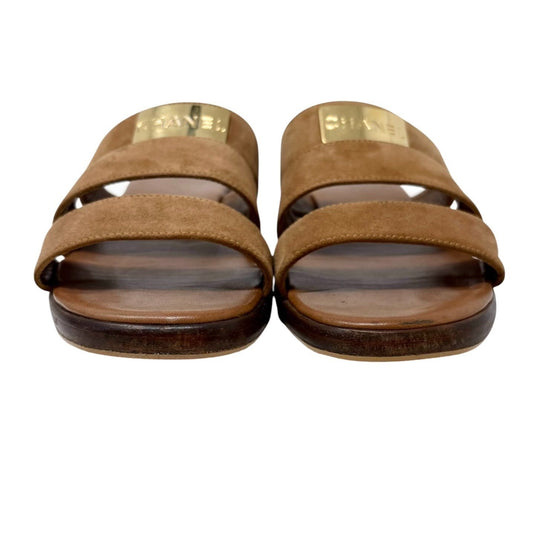 CHANEL Vintage CC Logo Flat Slide Sandals #36 Brown Gold Leather Suede 901945
