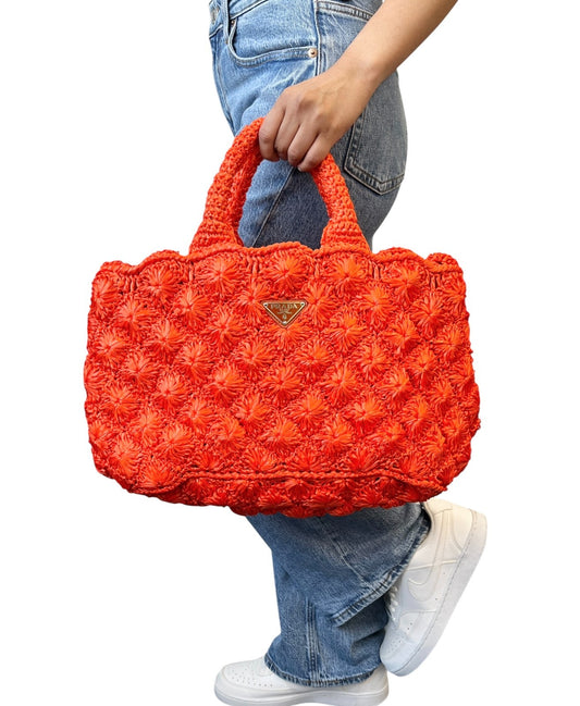 PRADA Vintage Triangle Logo Raffia Tote Bag Crossbody 2way Orange Snap Button