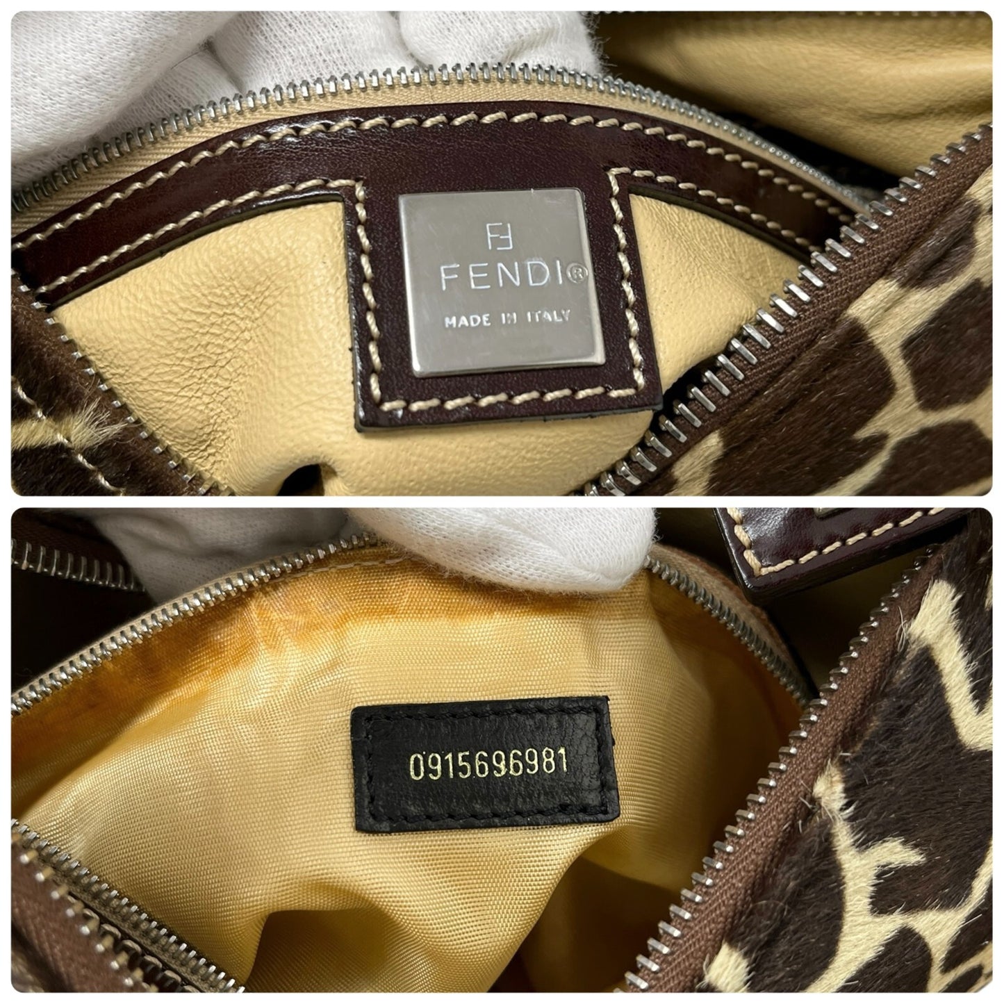 FENDI Vintage Zucca Logo Giraffe Print Shoulder Bag Brown Beige Calf Hair