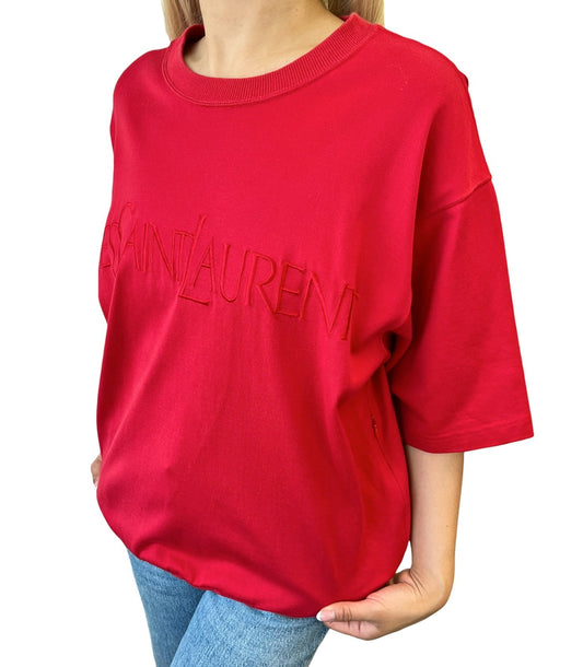 Yves Saint Laurent Vintage Logo Short Sleeve Sweatshirt Top Red 902215