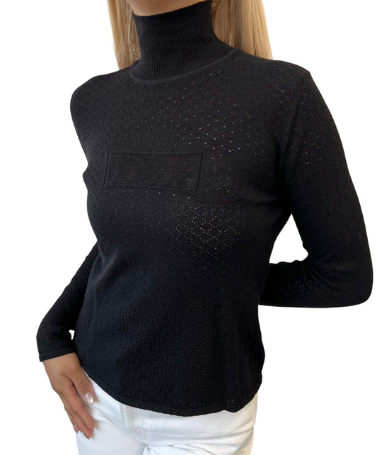 Christian Dior Vintage Logo Turtleneck Knit Mesh Sweater Long Sleeve Black