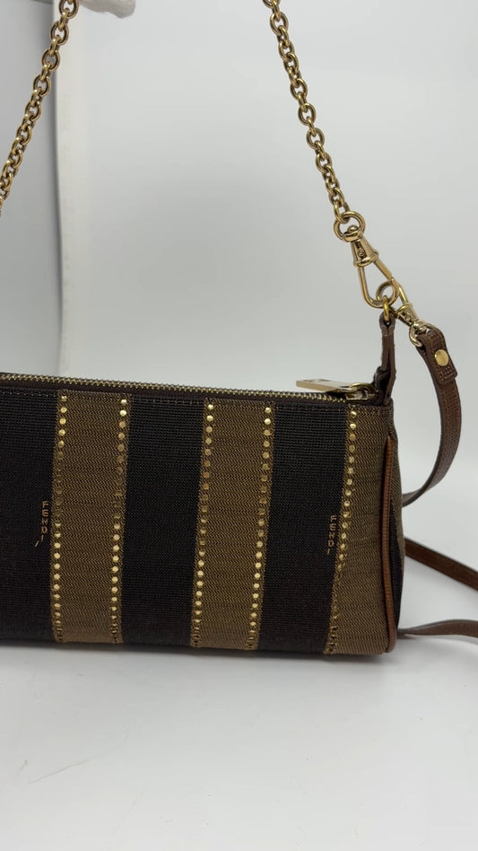 FENDI Vintage Logo Striped Canvas Shoulder Crossbody Bag Brown Black 2way Chain