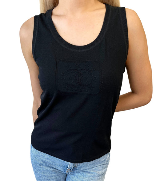 CHANEL Vintage 04C CC Logo Embroidered Knit Tank Top #42 Black 901993